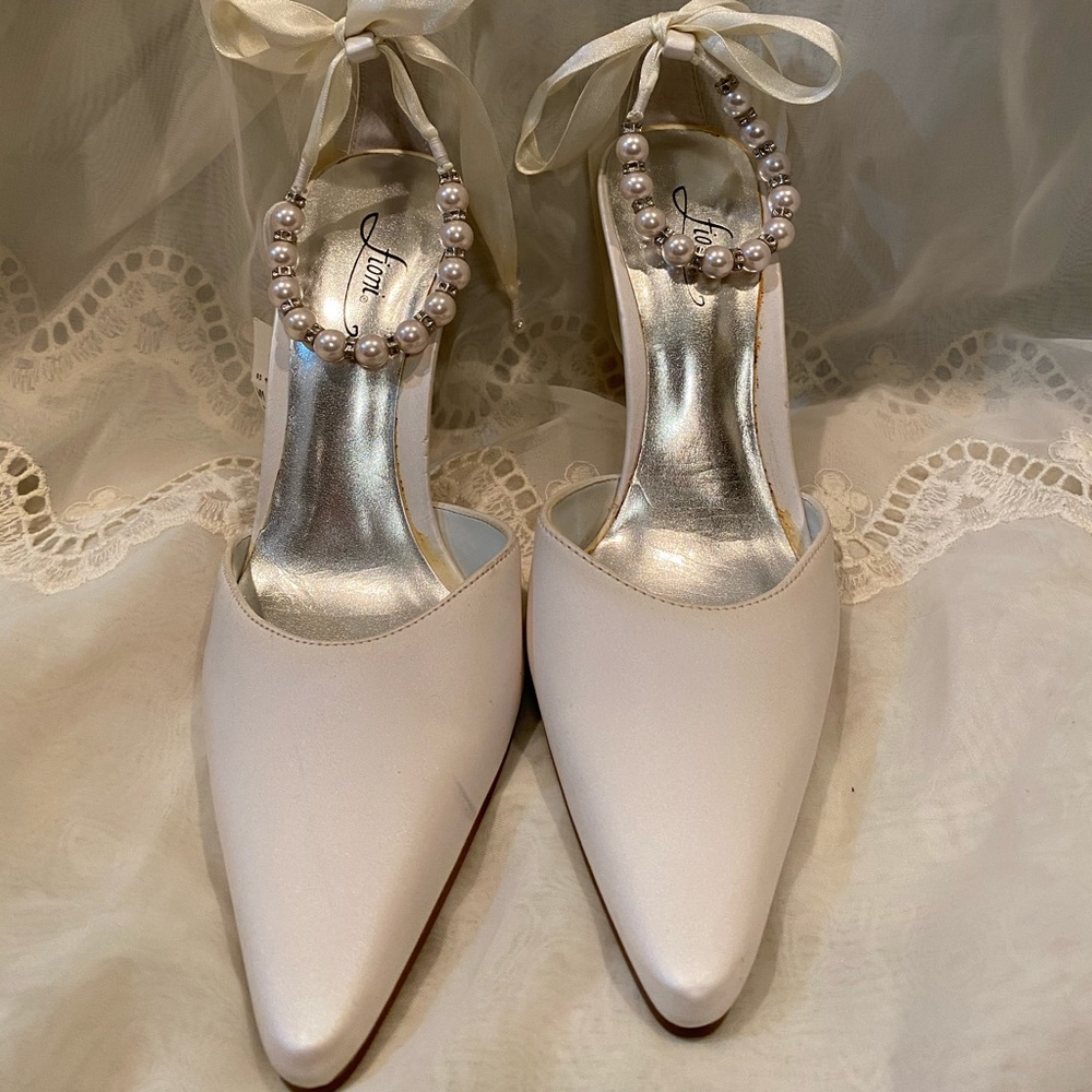 White Fioni Heels with Pearl Ankle Strap